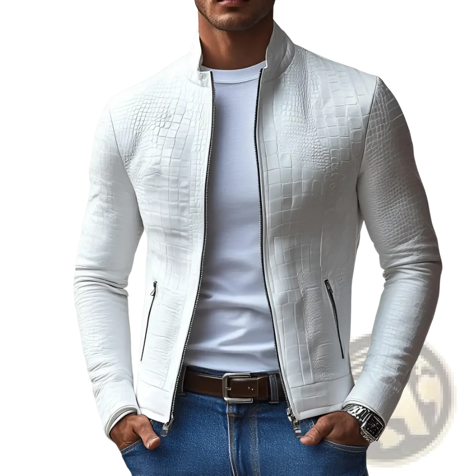 White crocodile-textured leather bomber jacket in white showcasing premium material and stylish outerwear design
