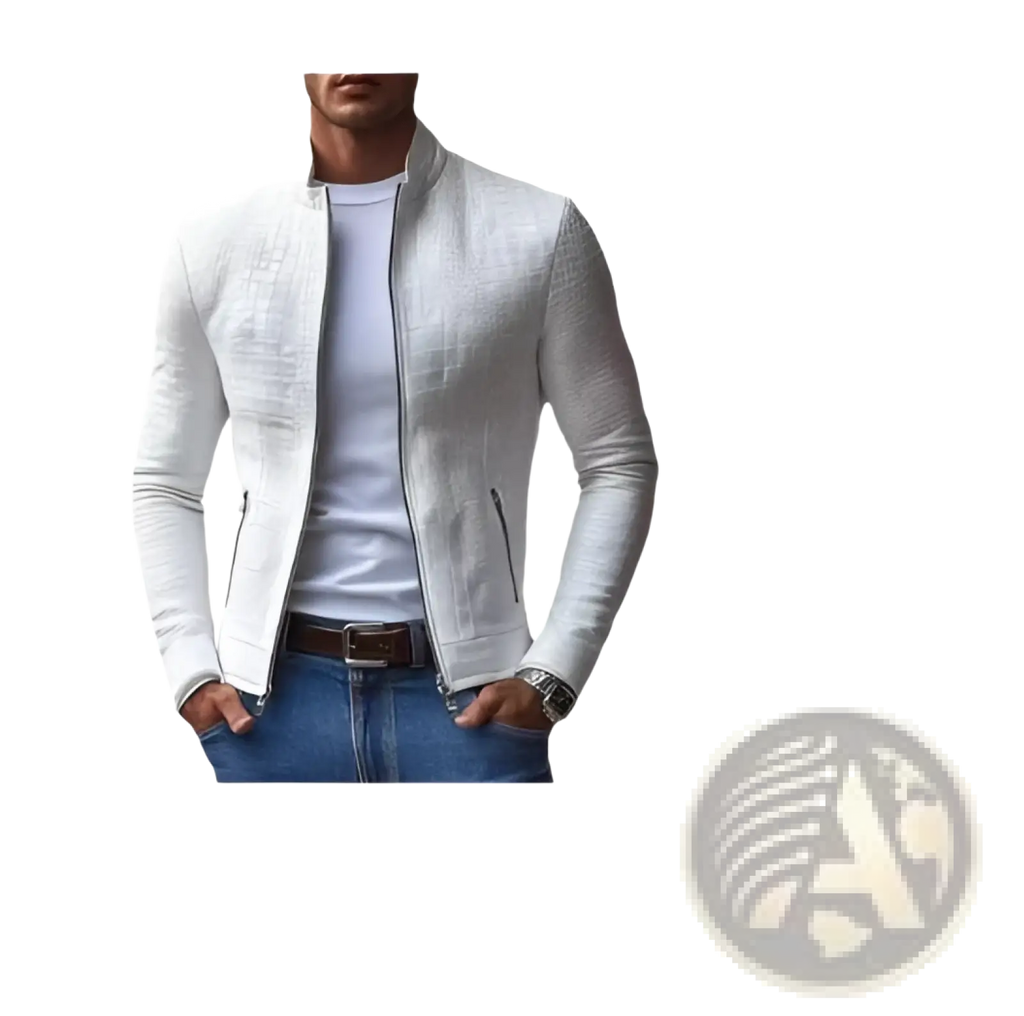 White crocodile leather bomber jacket featuring a textured pattern and zippered side pockets in white color