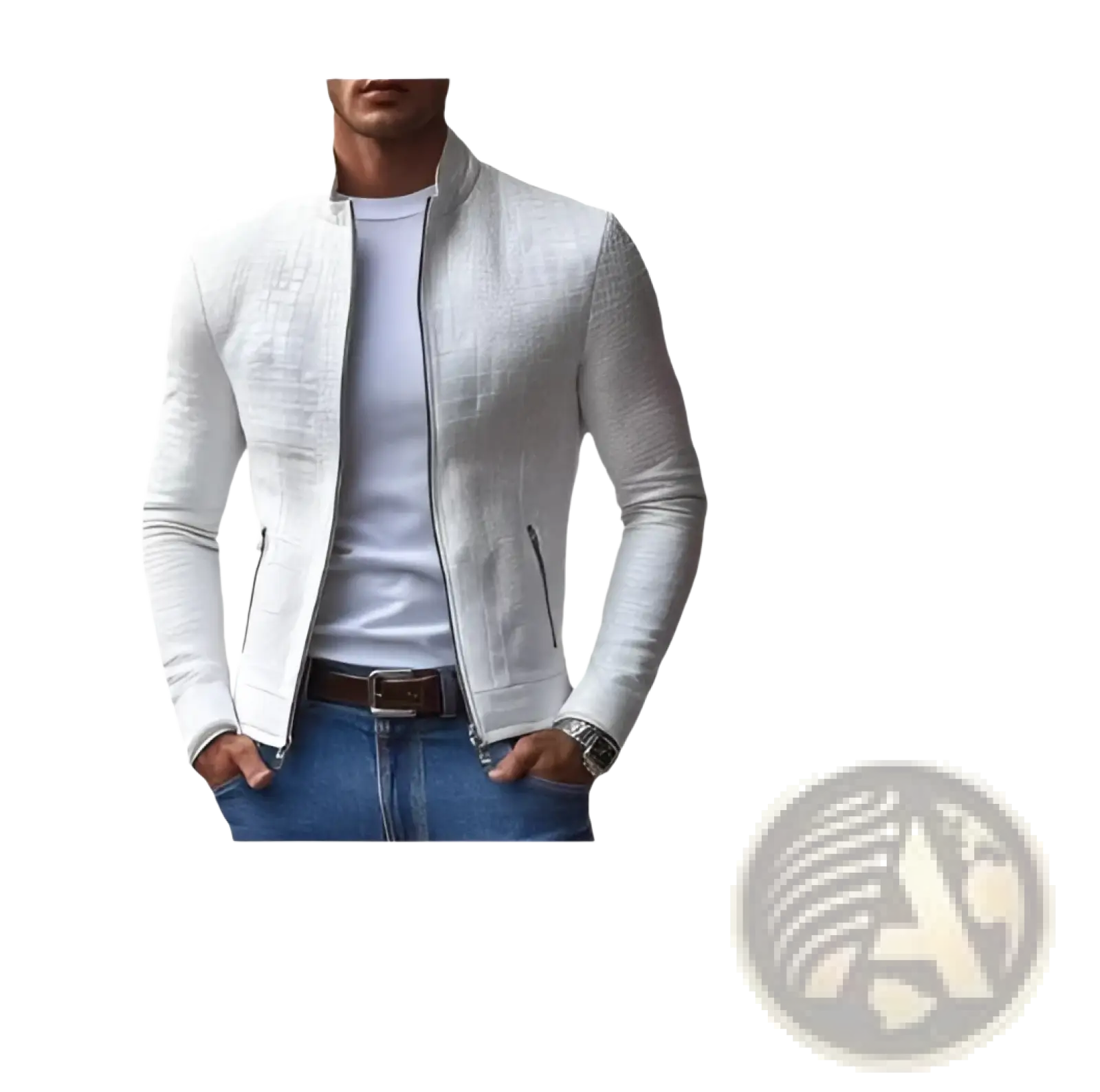 White crocodile leather bomber jacket featuring a textured pattern and zippered side pockets in white color