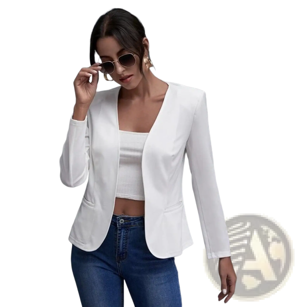 White cropped blazer tailored solid jacket with long sleeves and a sleek, fitted silhouette for formal wear