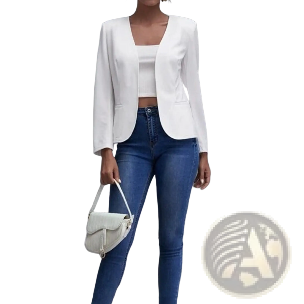 White leather crossbody bag with flap closure and adjustable strap complementing white cropped blazer tailored jacket