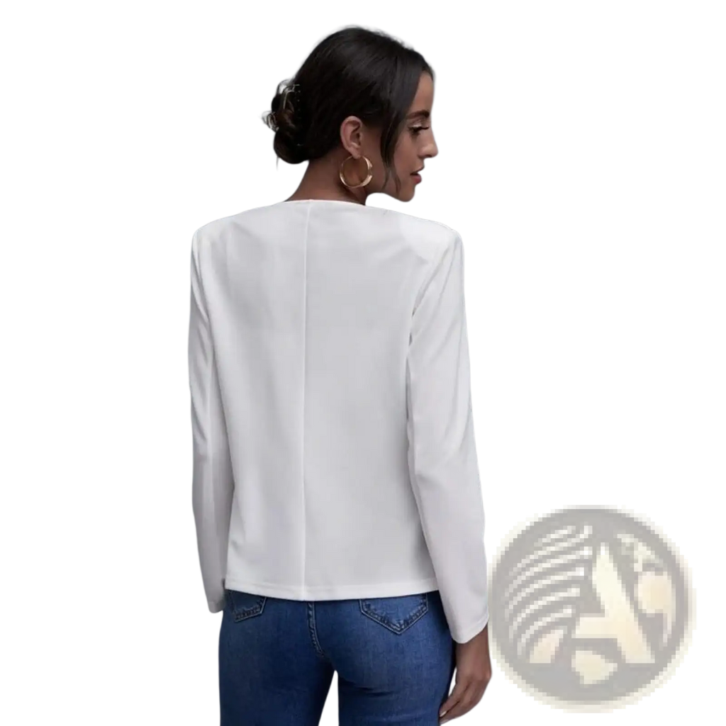 White cropped blazer tailored solid jacket with long sleeves and structured shoulders shown from the back side