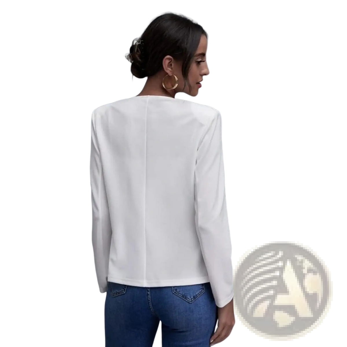 White cropped blazer tailored solid jacket with long sleeves and structured shoulders shown from the back side