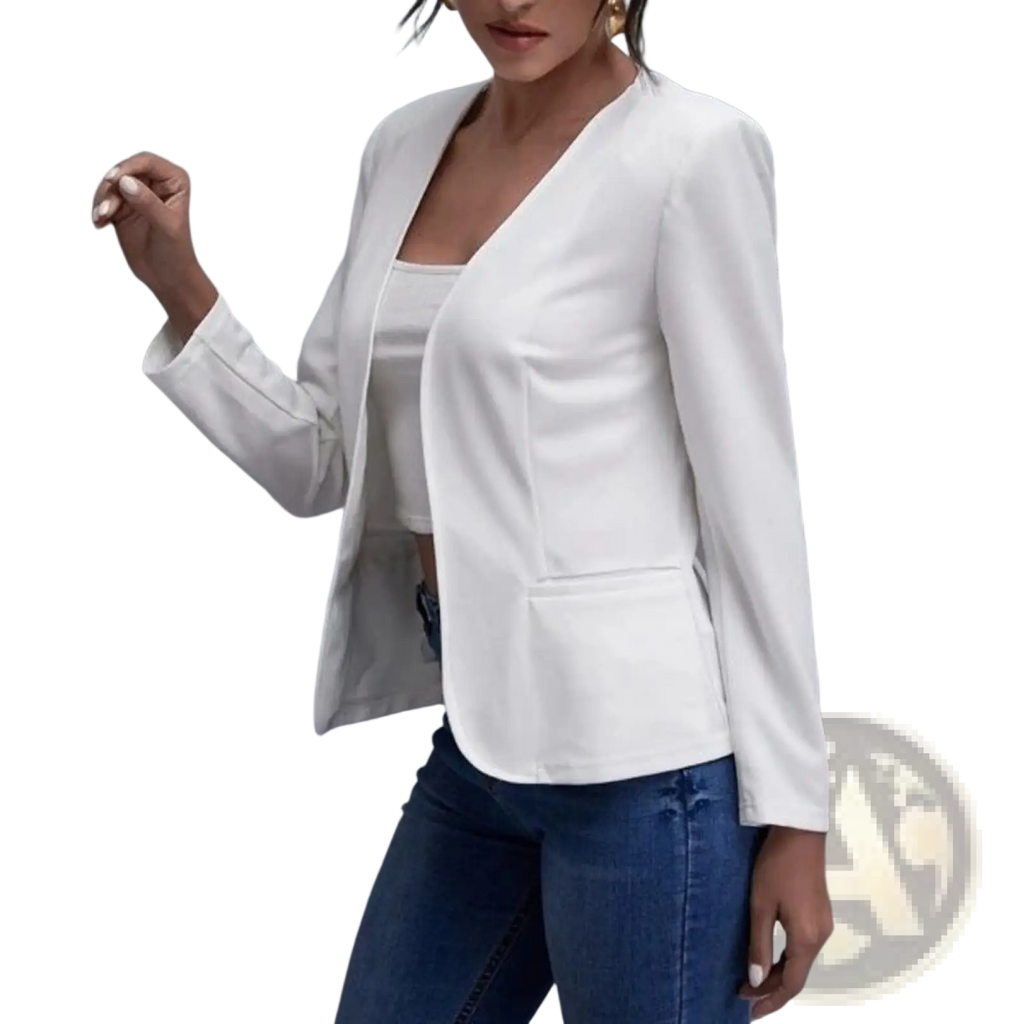White cropped blazer tailored solid jacket featuring a sleek modern design with long sleeves and a crisp white color