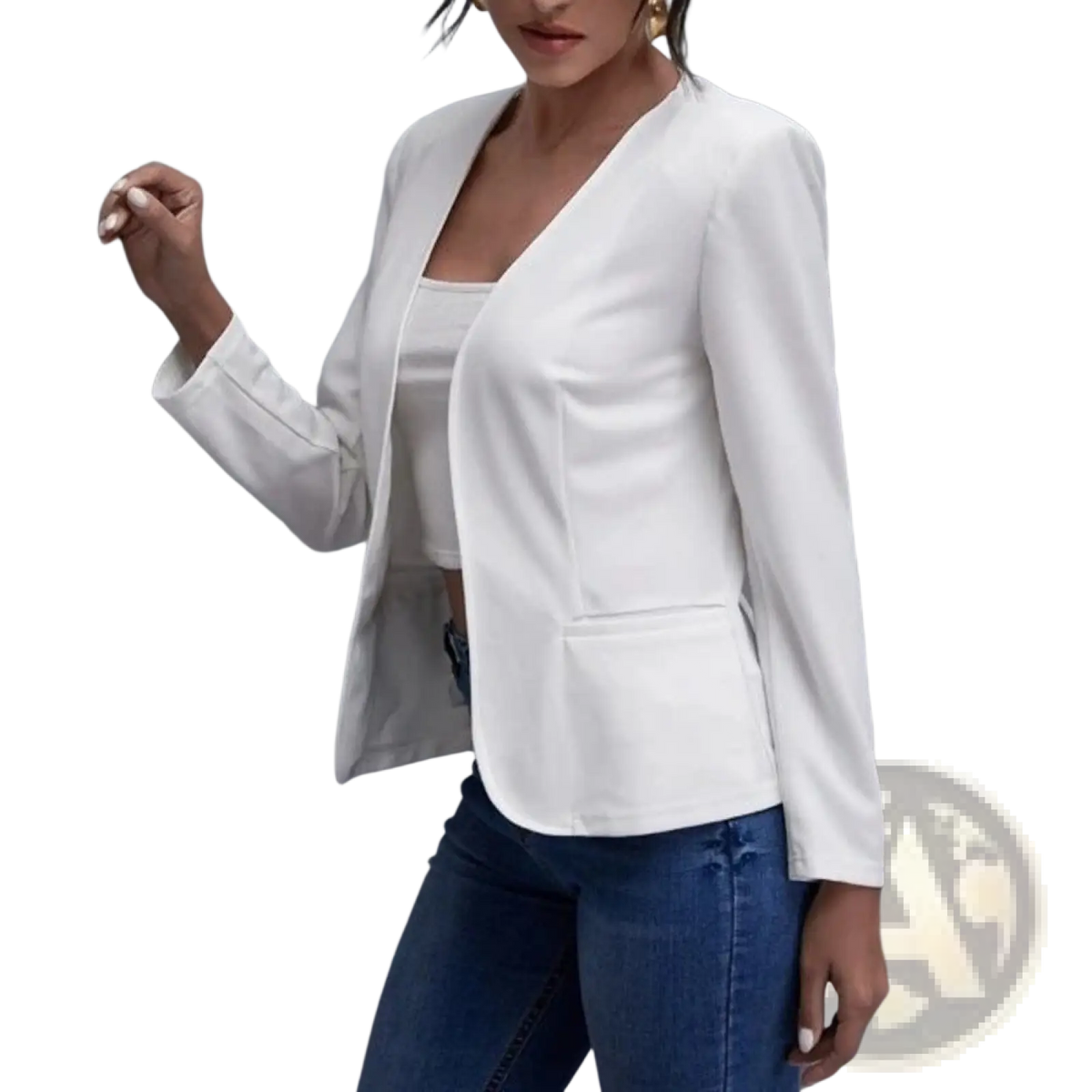 White cropped blazer tailored solid jacket featuring a sleek modern design with long sleeves and a crisp white color