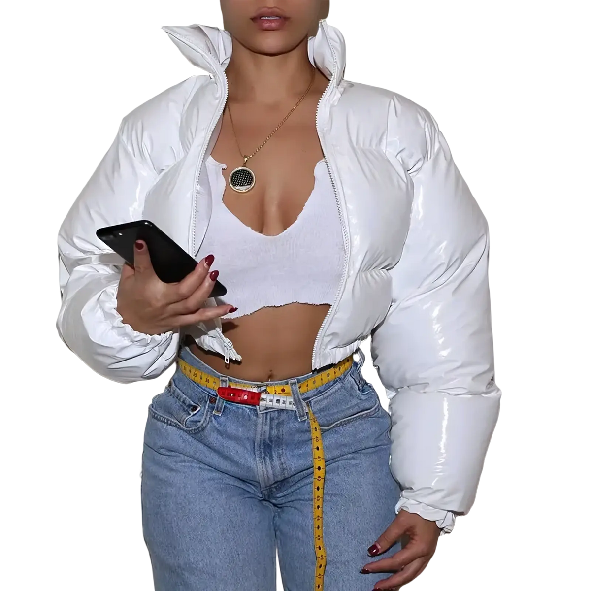 White cropped puffer jacket with shiny quilted panels and high collar for winter use