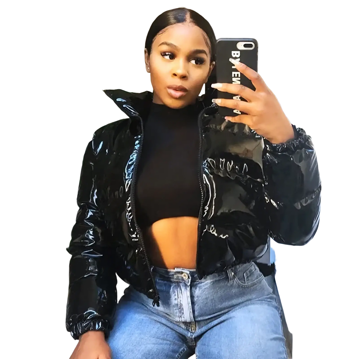 Black glossy puffer jacket with shiny zipper details designed as a winter parka for cold weather use