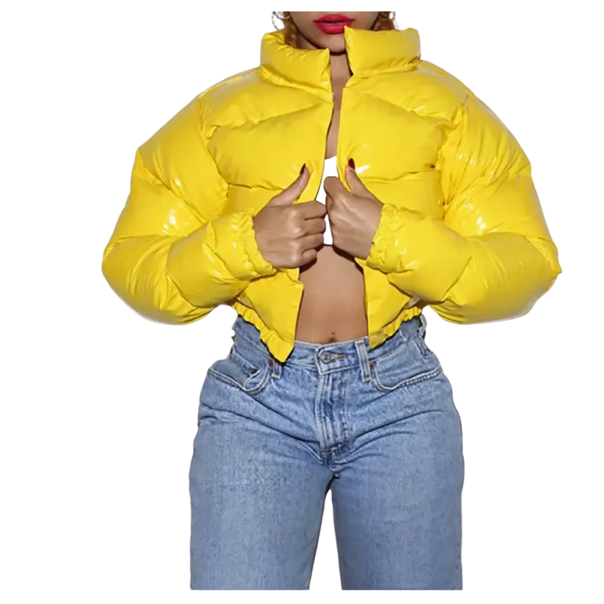 Bright yellow glossy cropped puffer jacket with high collar for winter parka wear
