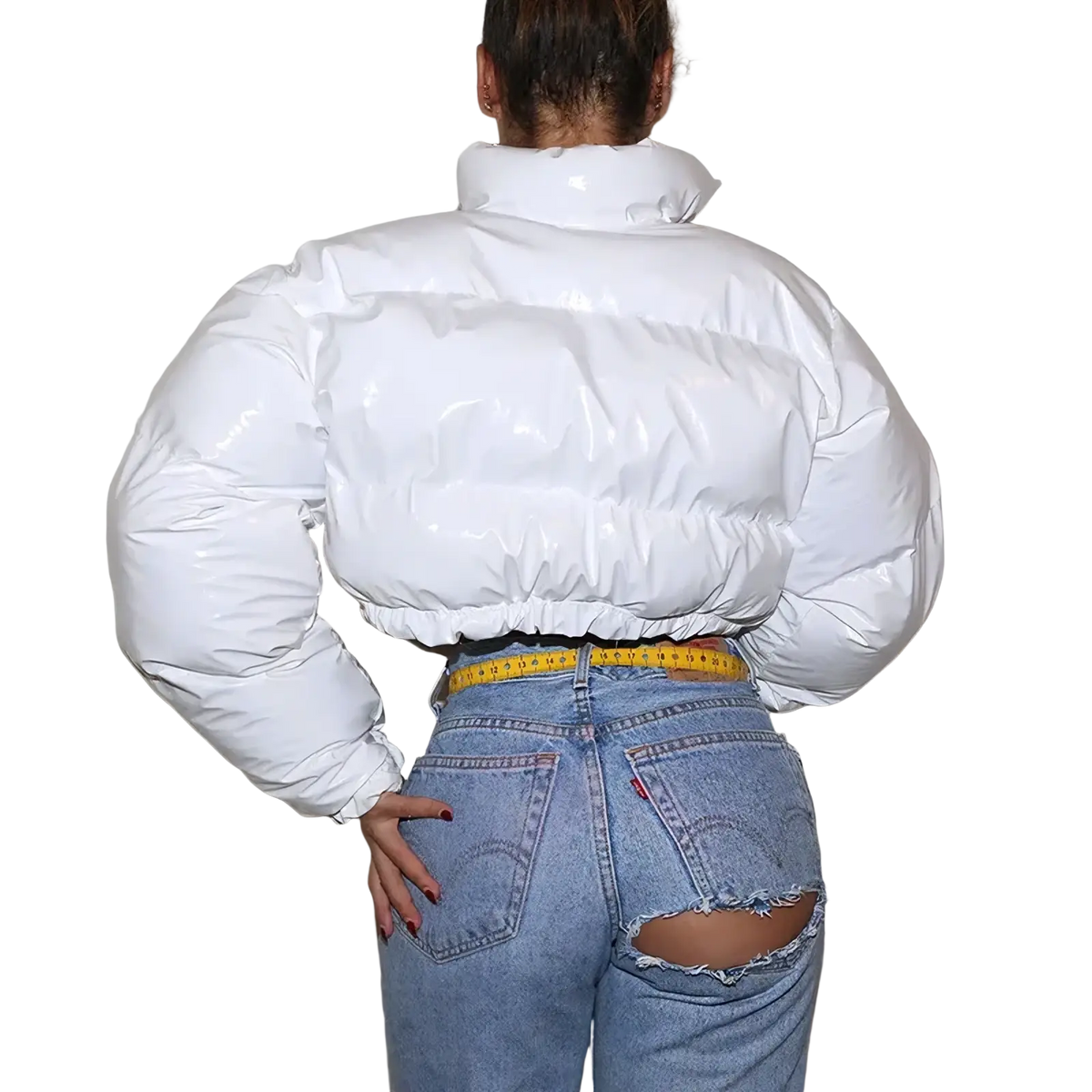 White cropped puffer jacket with high collar elasticated waistband glossy finish winter parka