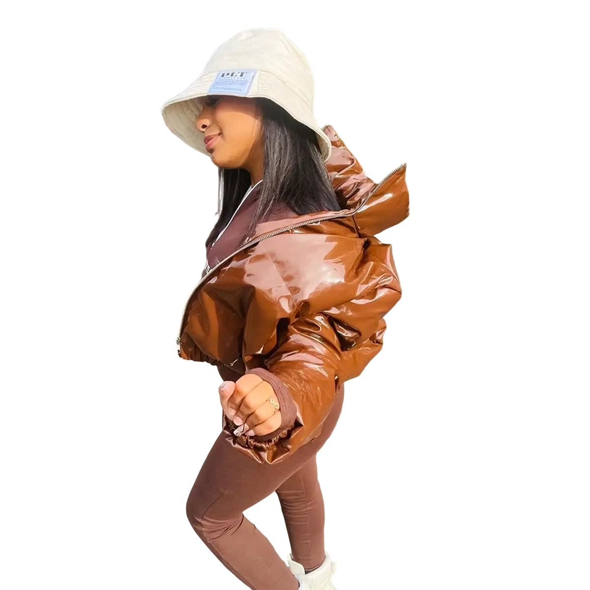 A shiny glossy brown puffer jacket with hood and zipper closure designed for winter wear