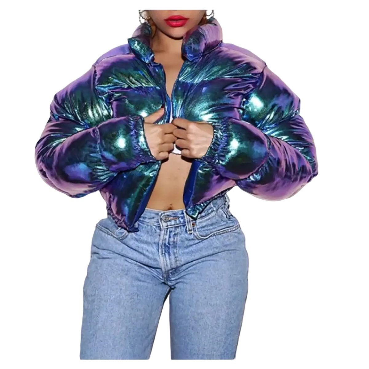 Shiny iridescent white cropped puffer jacket with vibrant purple and teal gradient for winter use