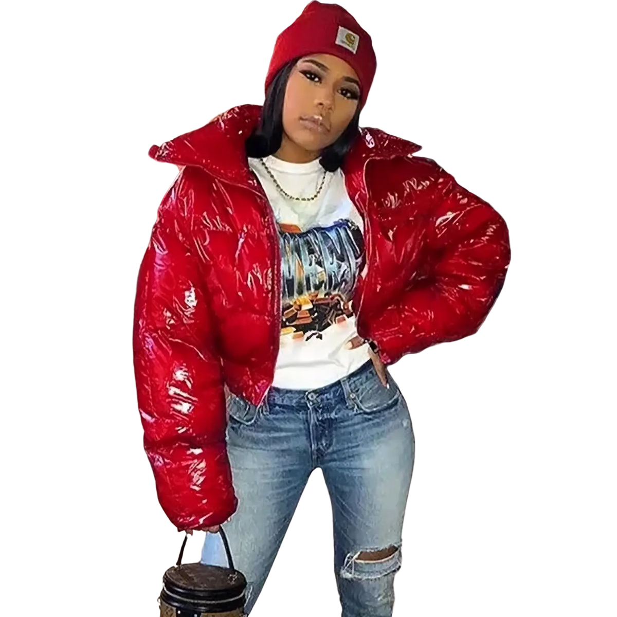 A shiny red quilted puffer jacket with high collar designed for winter wear in a white cropped parka style
