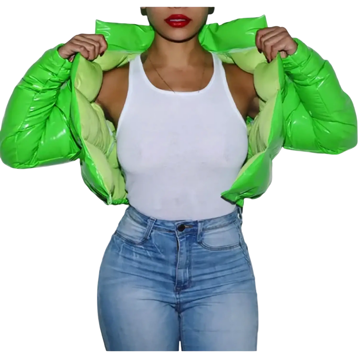 Vibrant neon green puffer jacket with glossy finish and padded shoulders for winter parka use