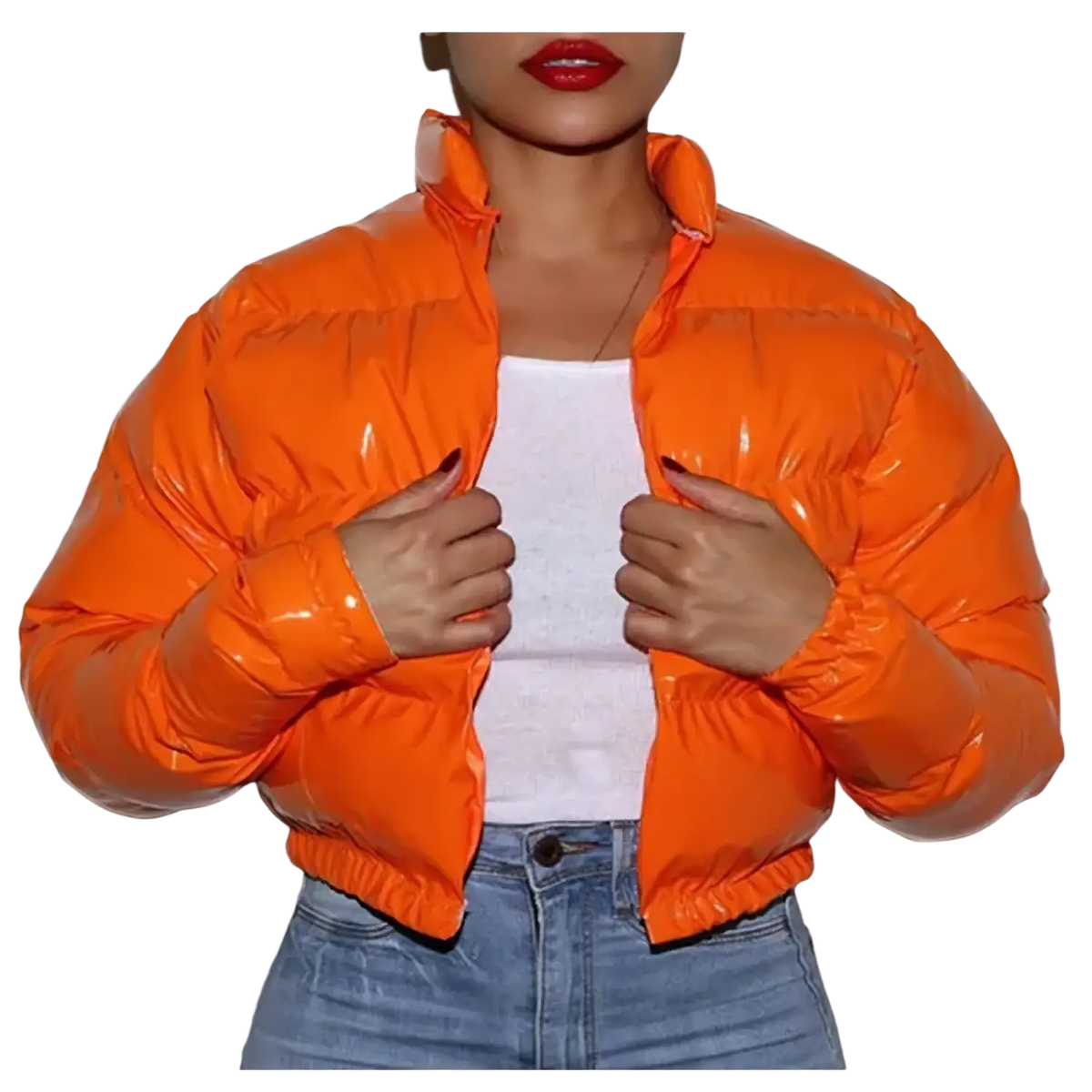 Vibrant orange glossy cropped puffer jacket with ribbed cuffs designed for winter wear