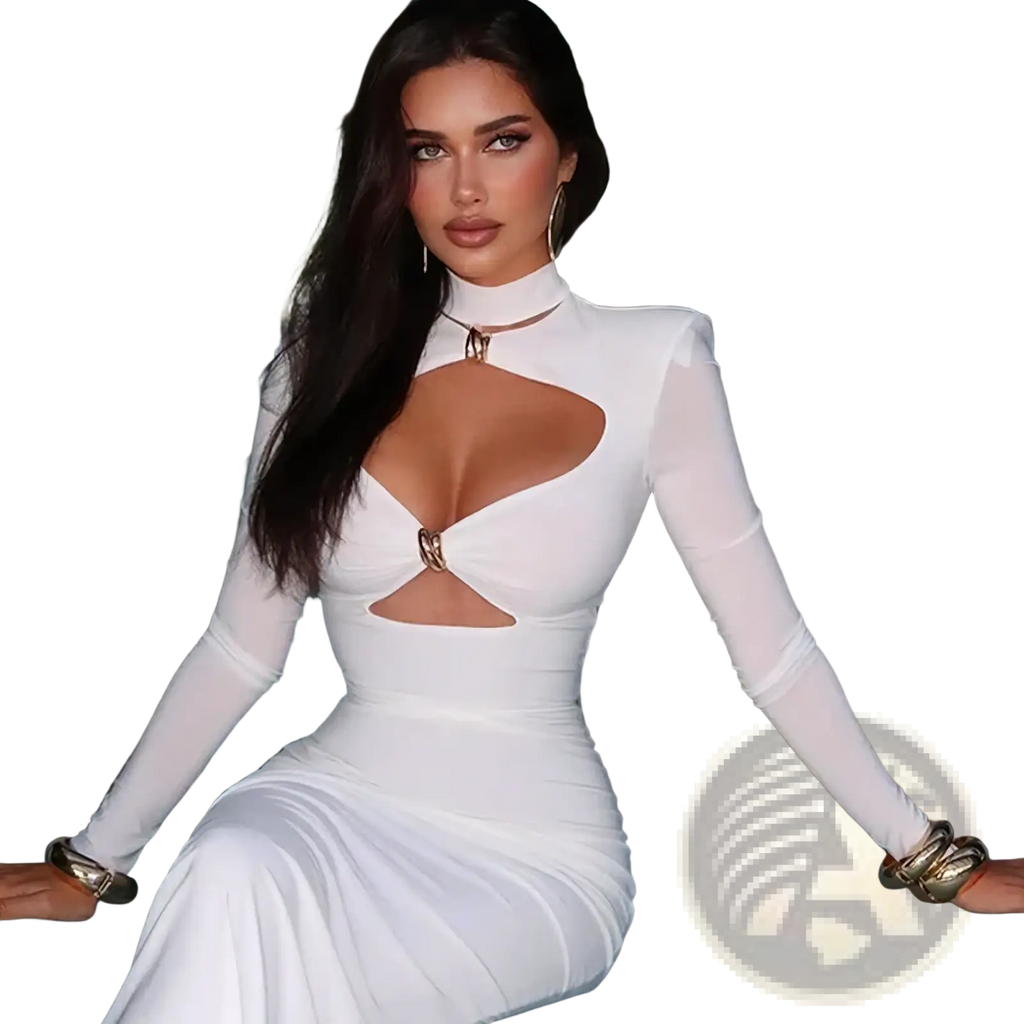 White long-sleeved bodycon dress with gold-toned cutout accents and a high neckline perfect for formal occasions