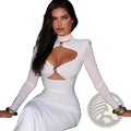 White long-sleeved bodycon dress with gold-toned cutout accents and a high neckline perfect for formal occasions