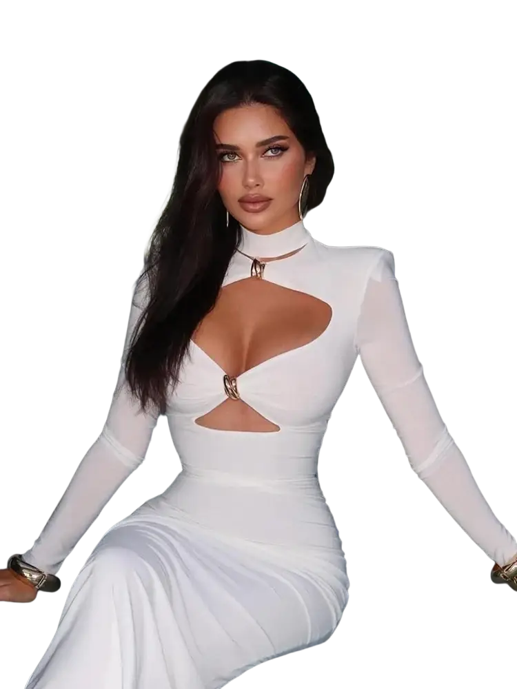 A sleek white long sleeve bodycon dress with gold-toned cutout details and a high neckline