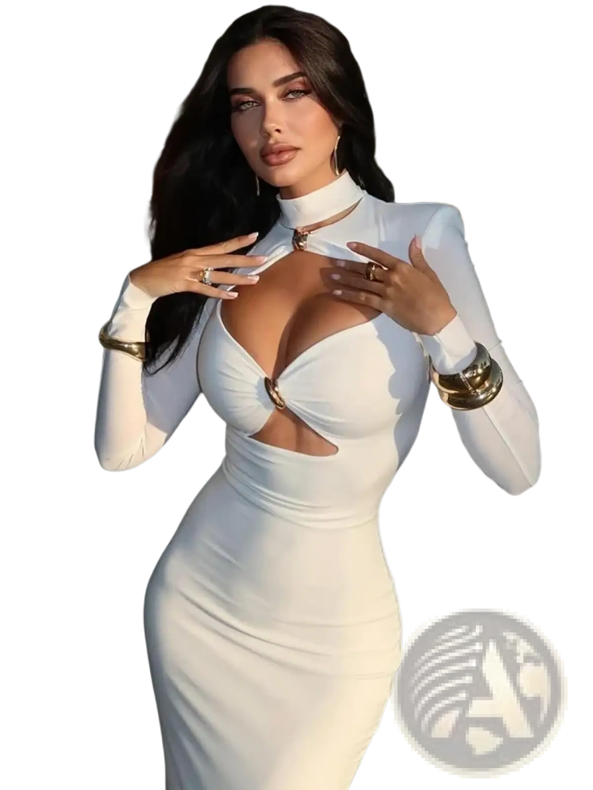A sleek white long sleeve bodycon dress with high neckline deep front cutouts and gold circular accents at the bust