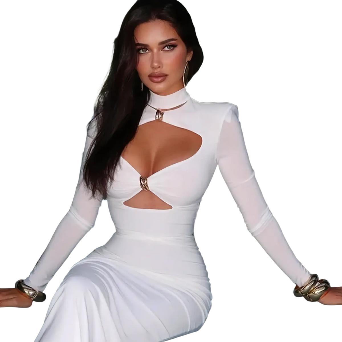 White long-sleeved bodycon dress with gold-toned cutout accents and a high neckline perfect for formal occasions