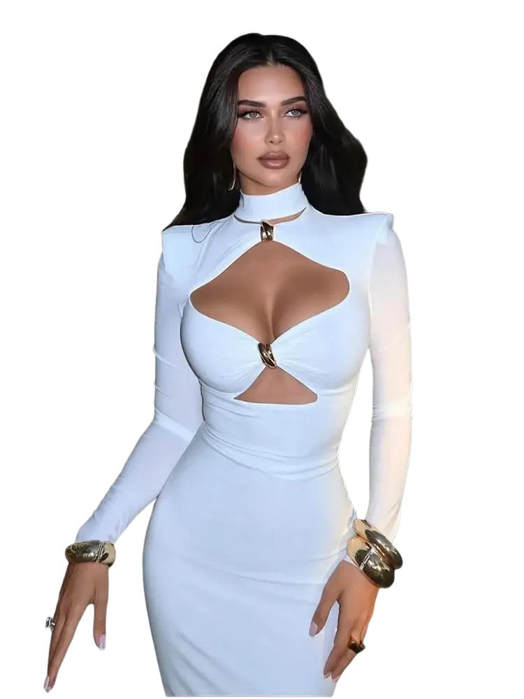 White long-sleeved bodycon dress with gold-tone cutout accents and a high neckline perfect for elegant occasions