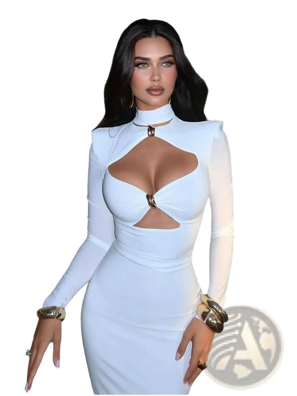 White long-sleeved bodycon dress with gold-tone cutout accents and a high neckline perfect for elegant occasions