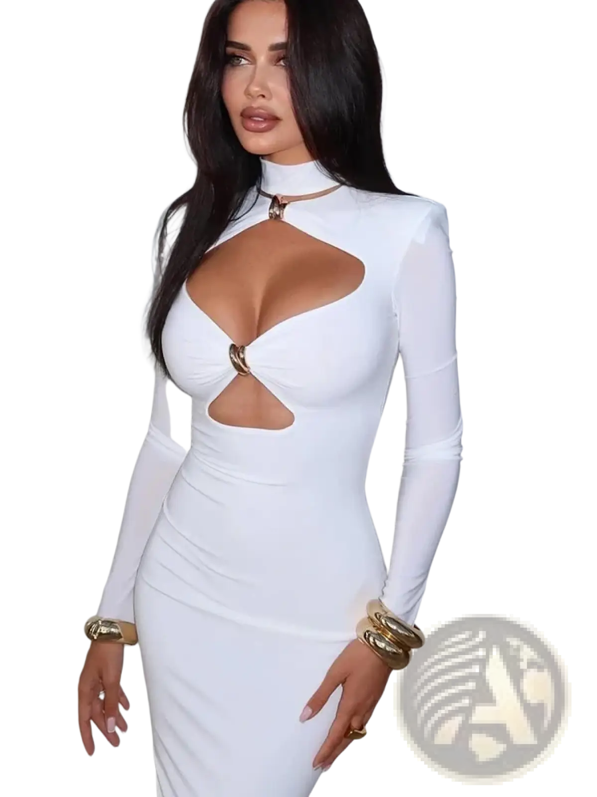 White cutout long sleeve bodycon dress with a high neckline and gold toned bust cutouts in form fitting design