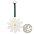 White daisy leather bag charm keychain pendant with yellow center and dark green leather strap