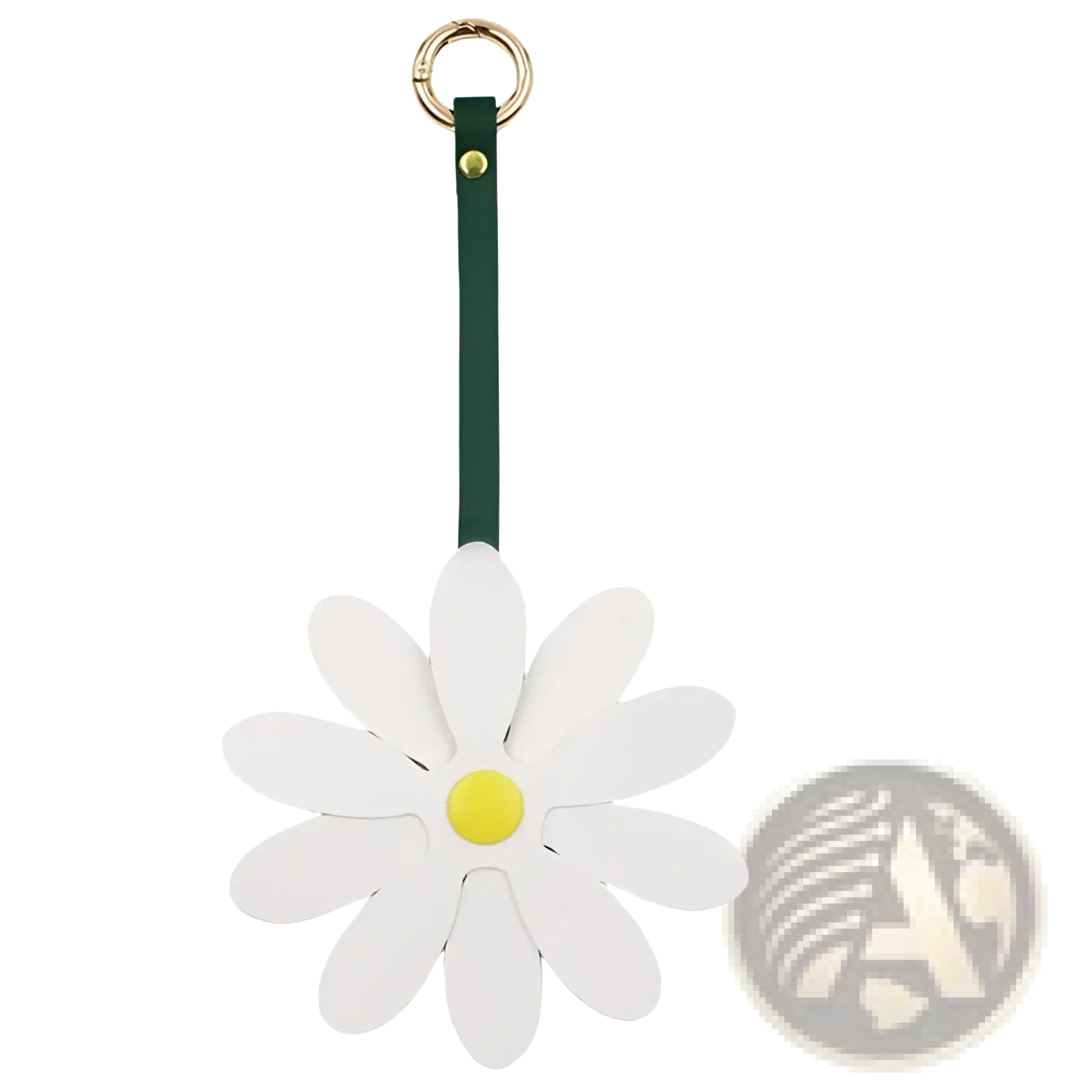 White daisy leather bag charm keychain pendant with yellow center and dark green leather strap