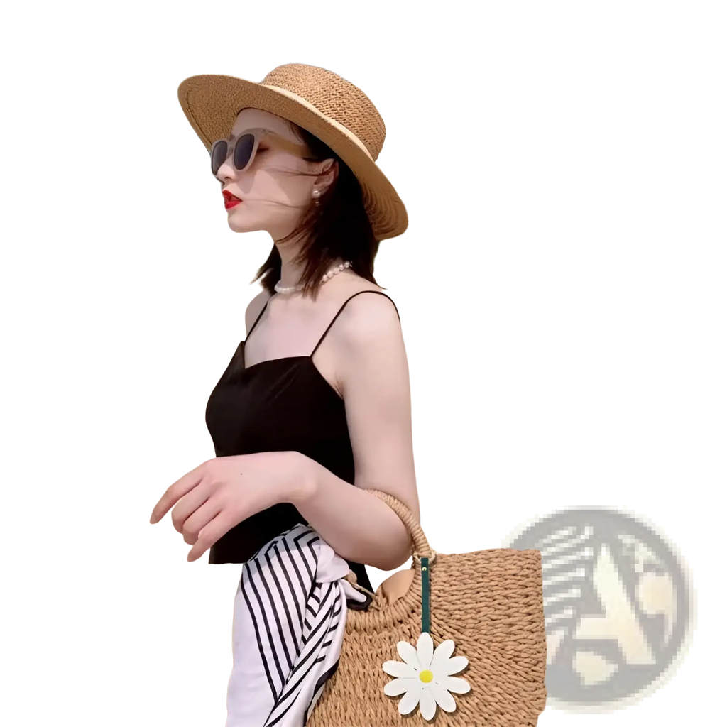Woven straw beach bag with white daisy leather bag charm keychain pendant and striped fabric lining