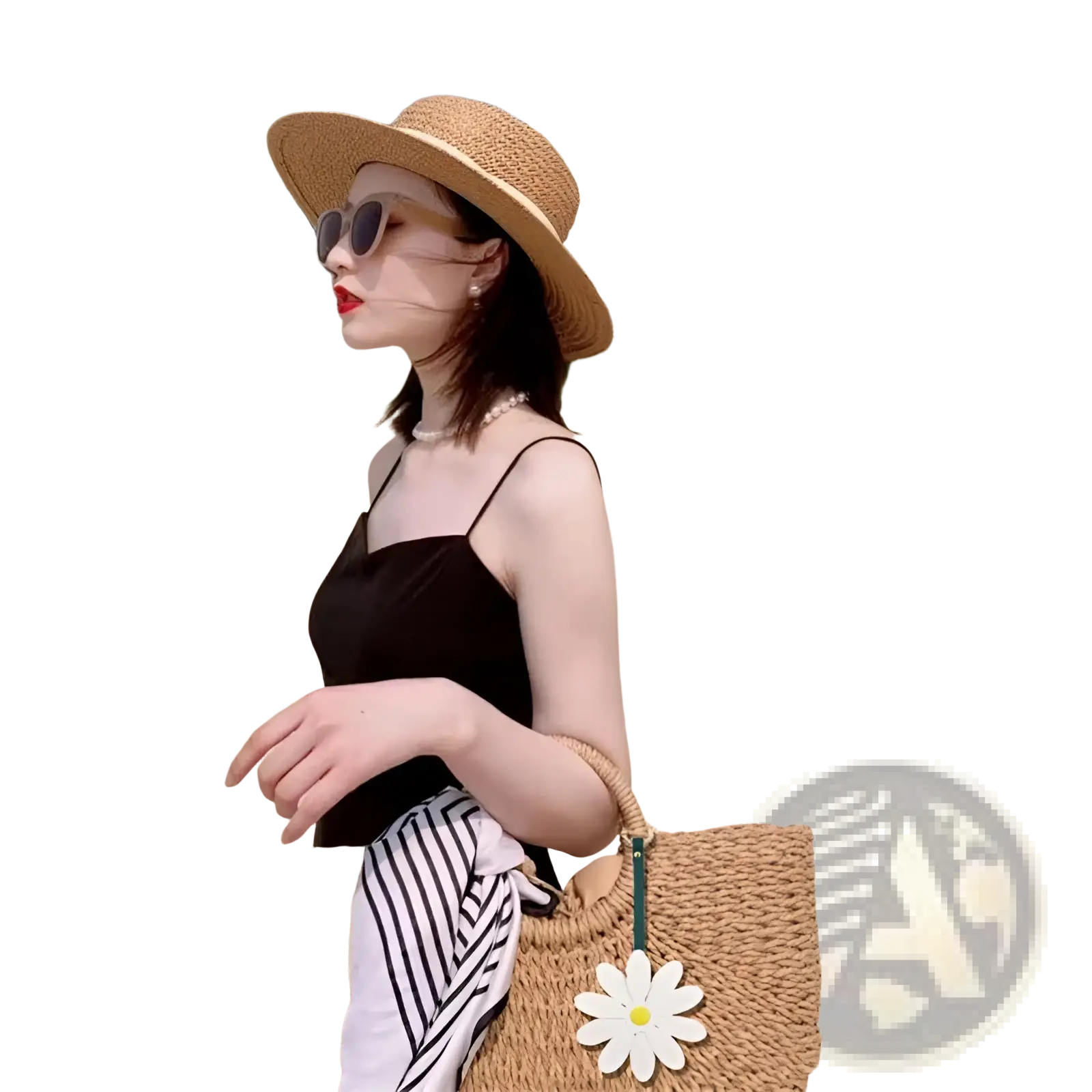 Woven straw beach bag with striped fabric lining and white daisy leather bag charm keychain pendant attached