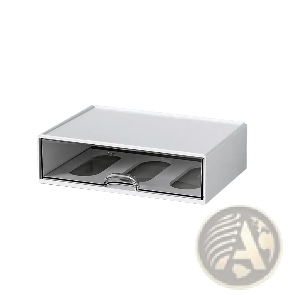 White desk organizer with white rectangular drawer, clear front panel, and silver handle for tidy storage