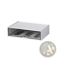 White desk organizer with white rectangular drawer, clear front panel, and silver handle for tidy storage