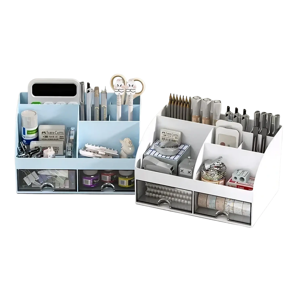 White desk organizer with clear drawers and compartments made of light blue and white plastic for desktop storage