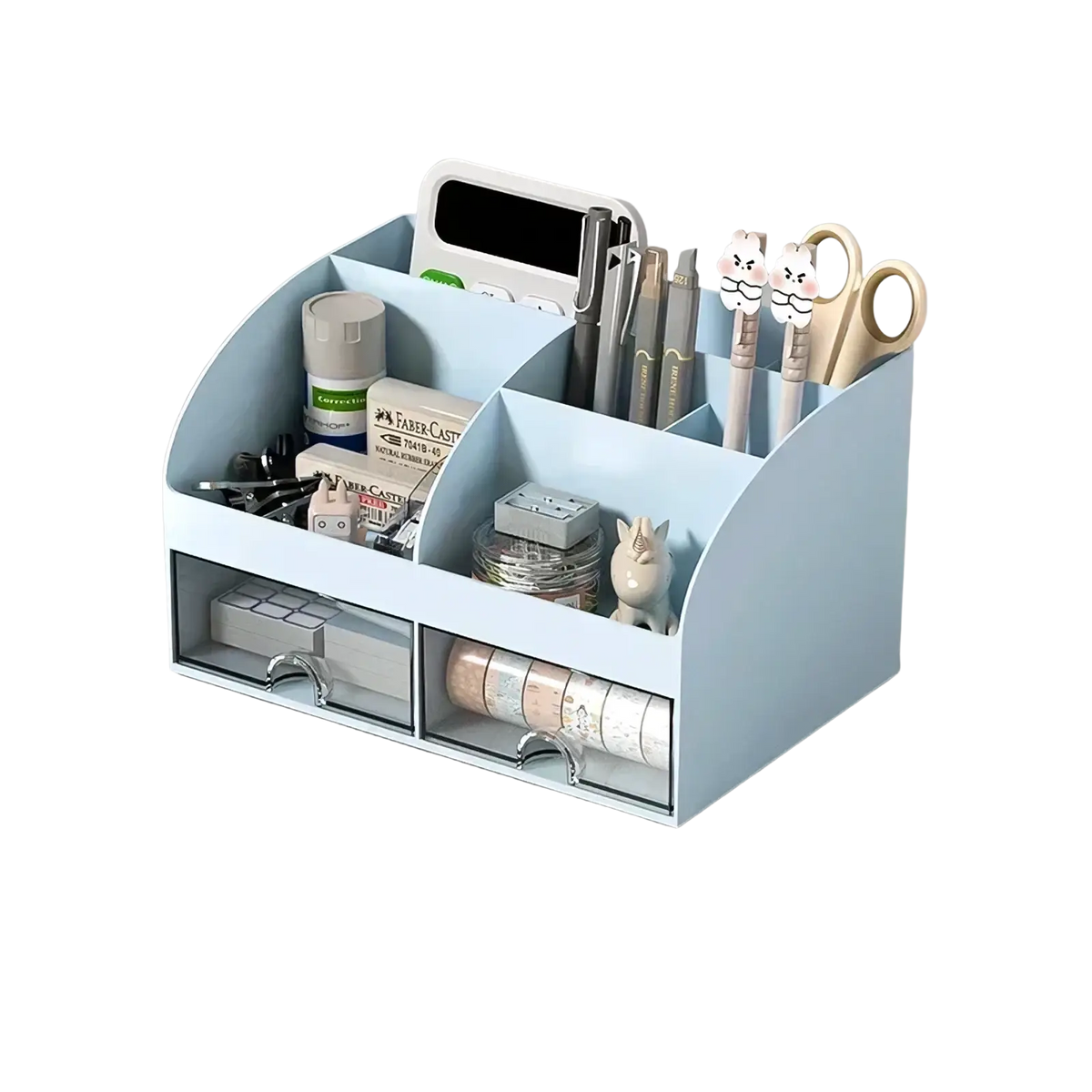 White desk organizer made of light blue plastic with two clear drawers and compartments holding pens and stationery