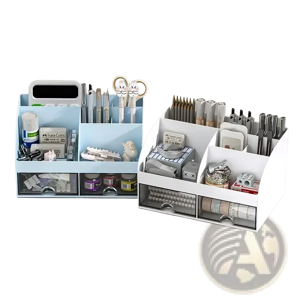White desk organizer with clear drawers and compartments made of light blue and white plastic for desktop storage