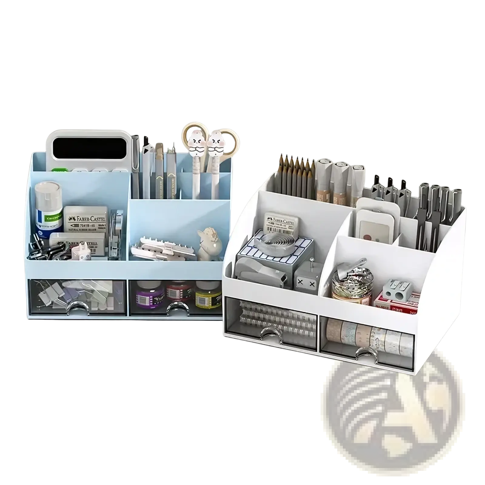 White desk organizer with clear drawers and compartments made of light blue and white plastic for desktop storage