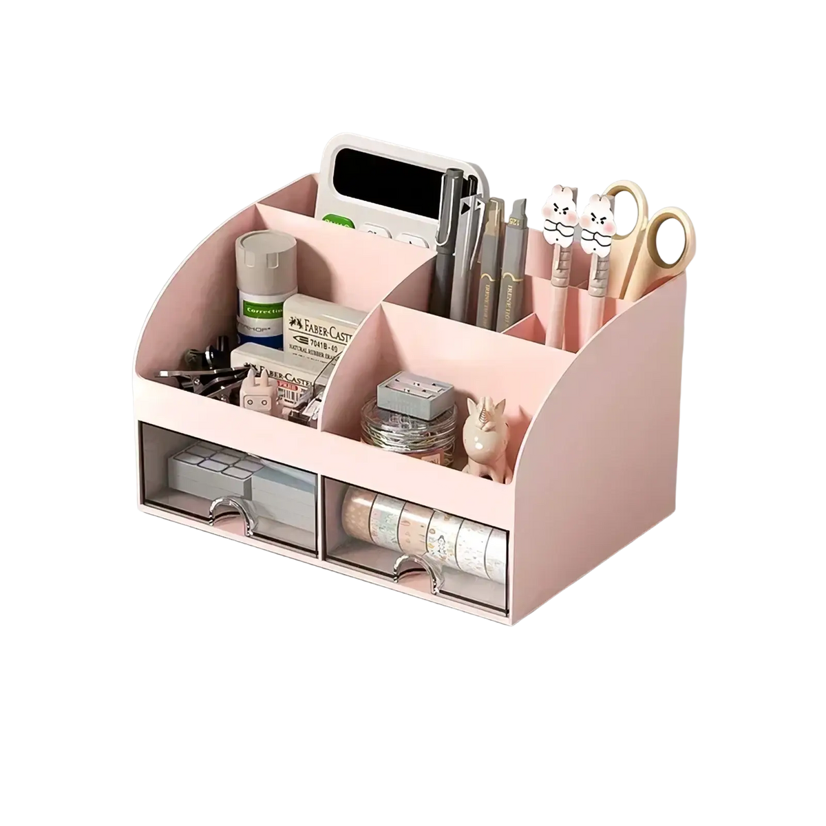 Pastel pink plastic desk organizer with clear drawers and multiple compartments holding stationery items