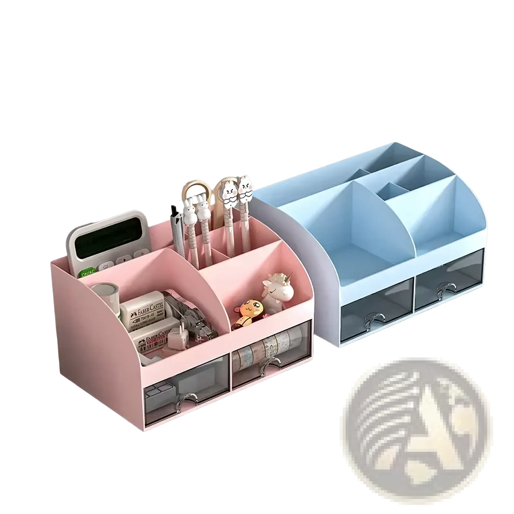 Pink plastic desk organizer with clear drawers and multiple compartments holding stationery items