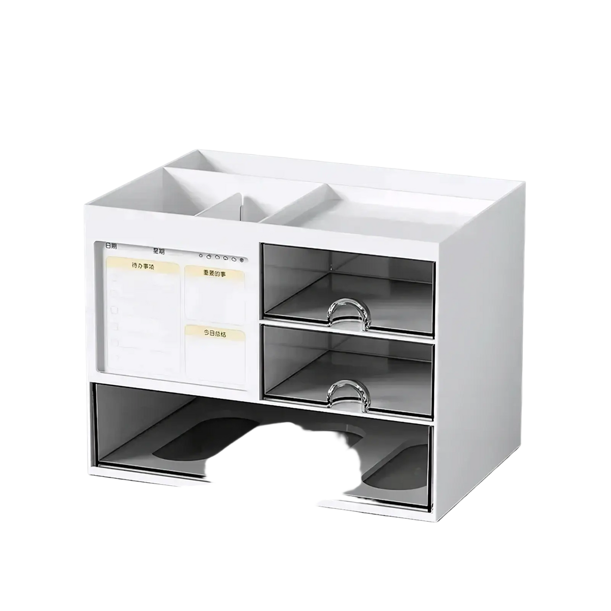 White desk organizer made of plastic with three clear drawers silver handles and a built-in calendar panel on front