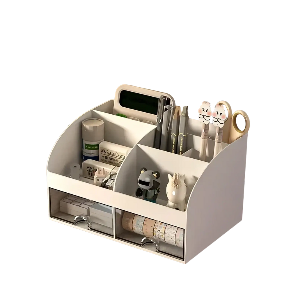 White plastic desk organizer with multiple compartments and two clear drawers for efficient storage