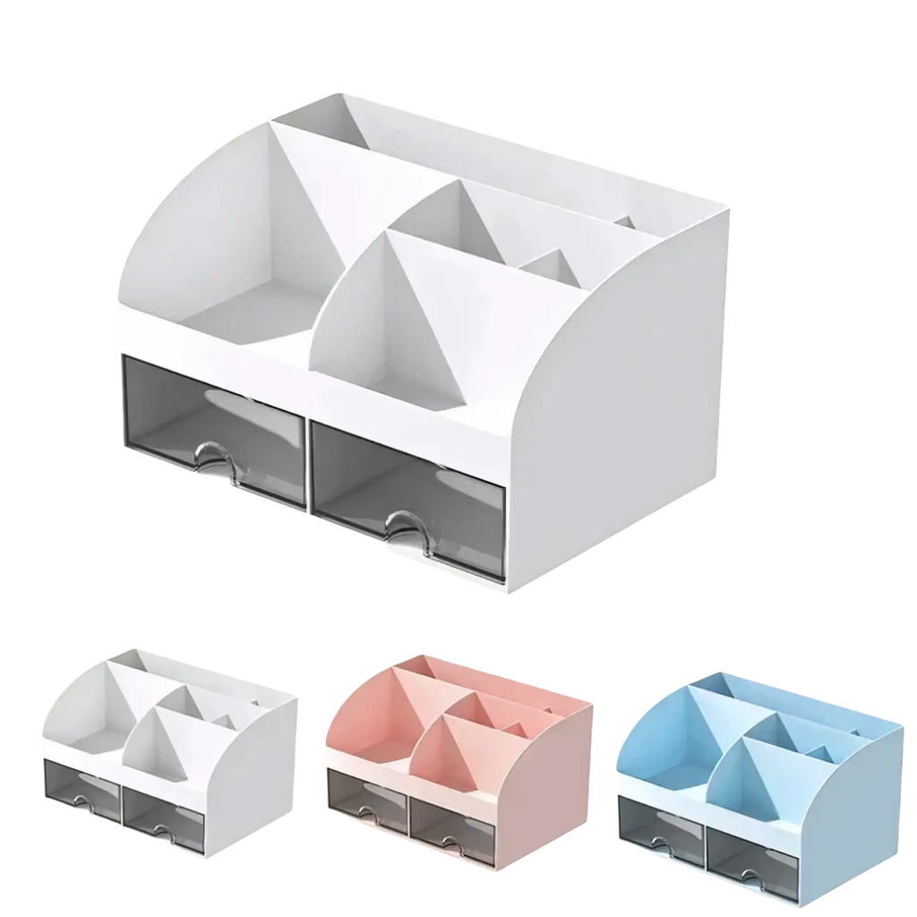 White plastic desk organizer with multiple compartments and two clear drawers for office or home use