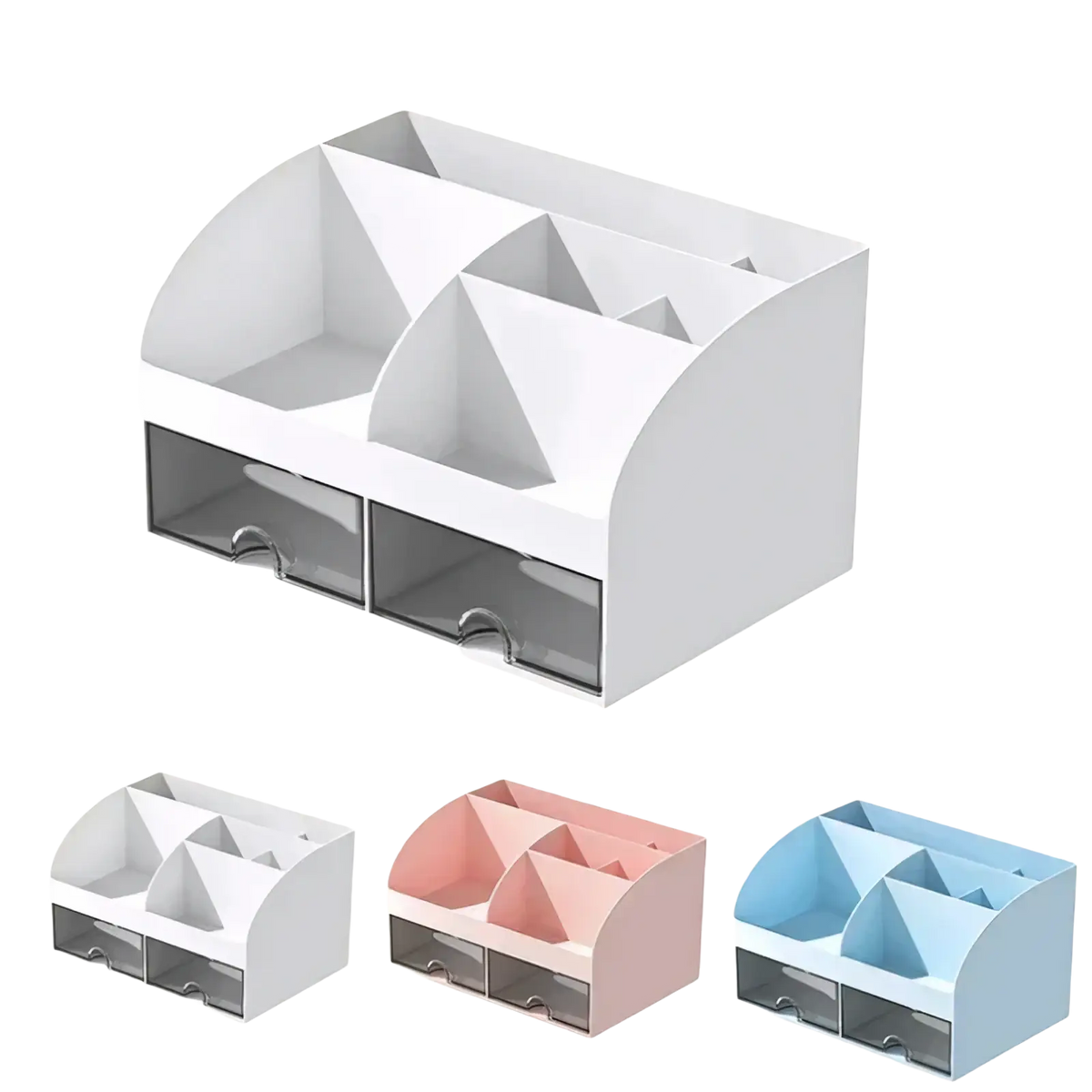 White plastic desk organizer with multiple compartments and two clear drawers for office or home use