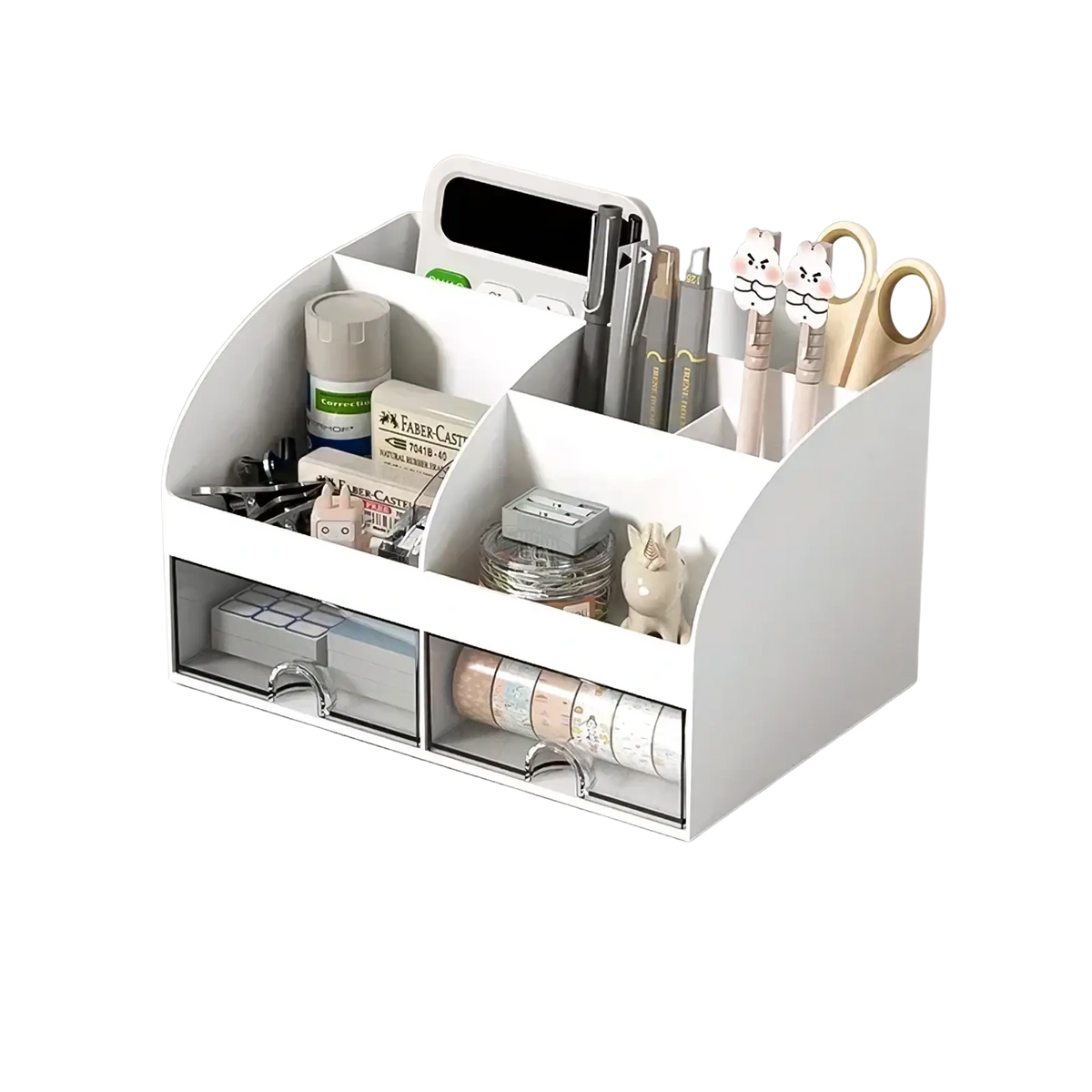 White plastic desk organizer with multiple compartments and two clear drawers with silver handles