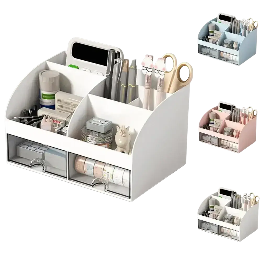 White plastic desk organizer with multiple compartments and clear drawers for efficient workspace storage