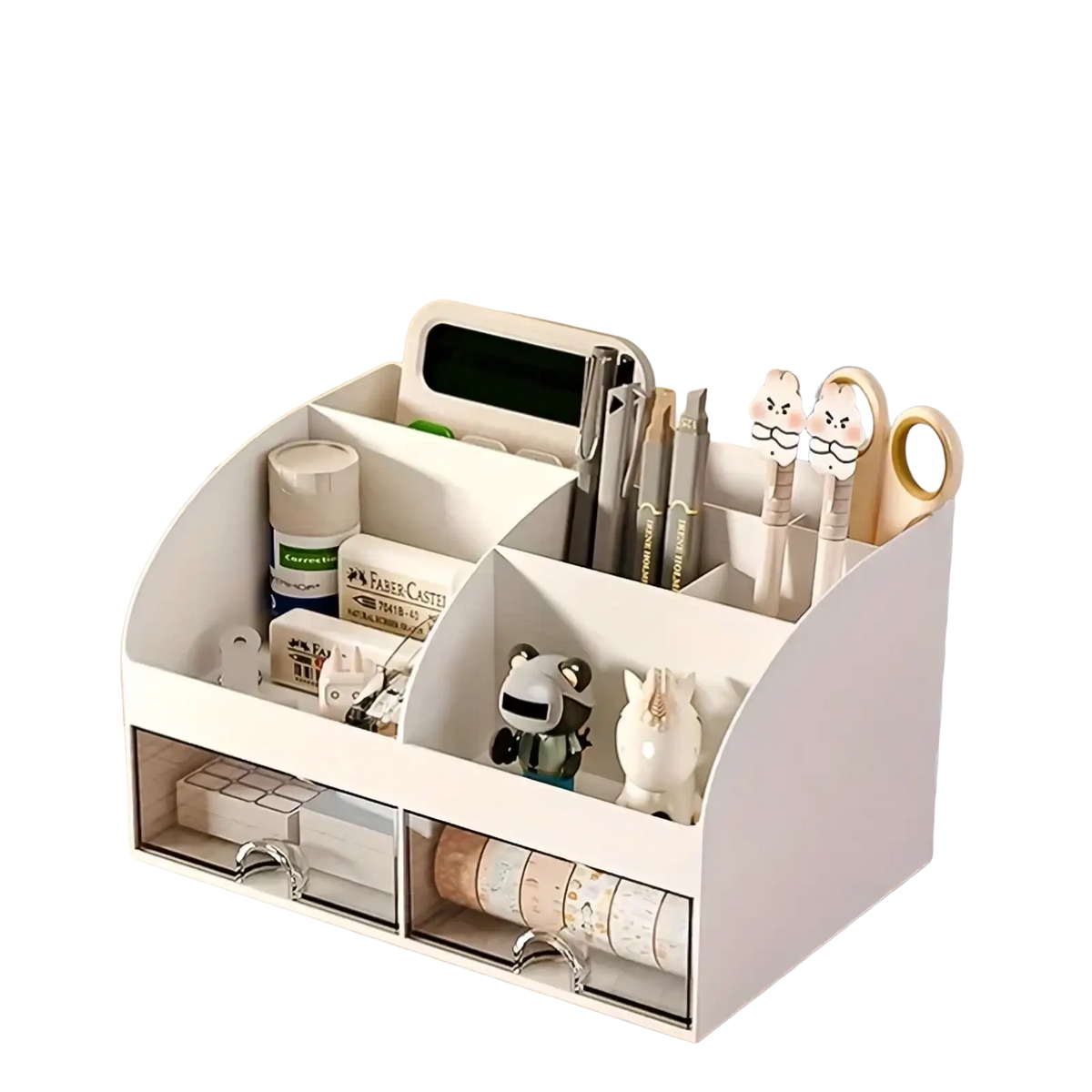 White plastic desk organizer with multiple compartments and clear drawers for desktop pen and accessory storage