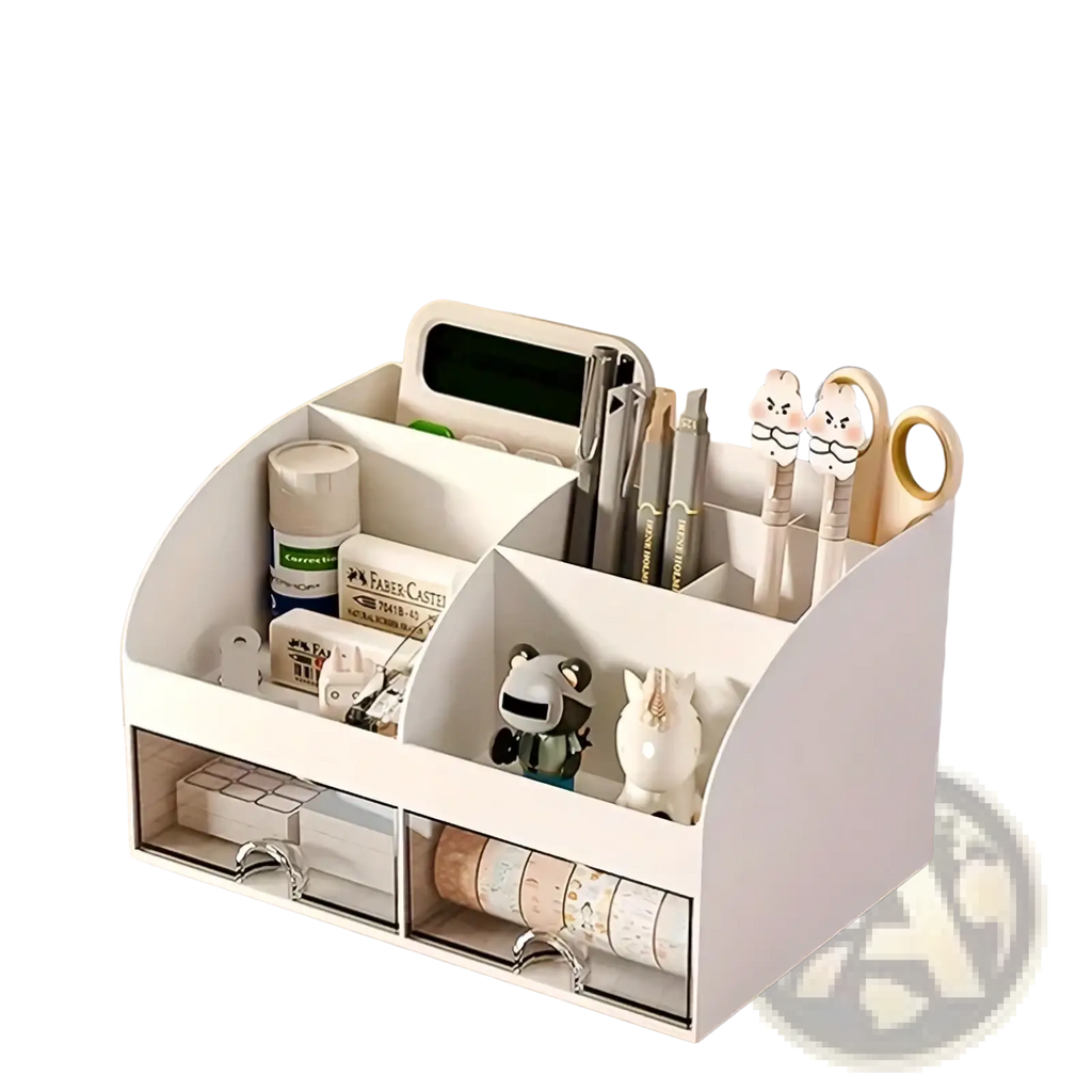White plastic desk organizer with multiple compartments and clear drawers for desktop pen and accessory storage