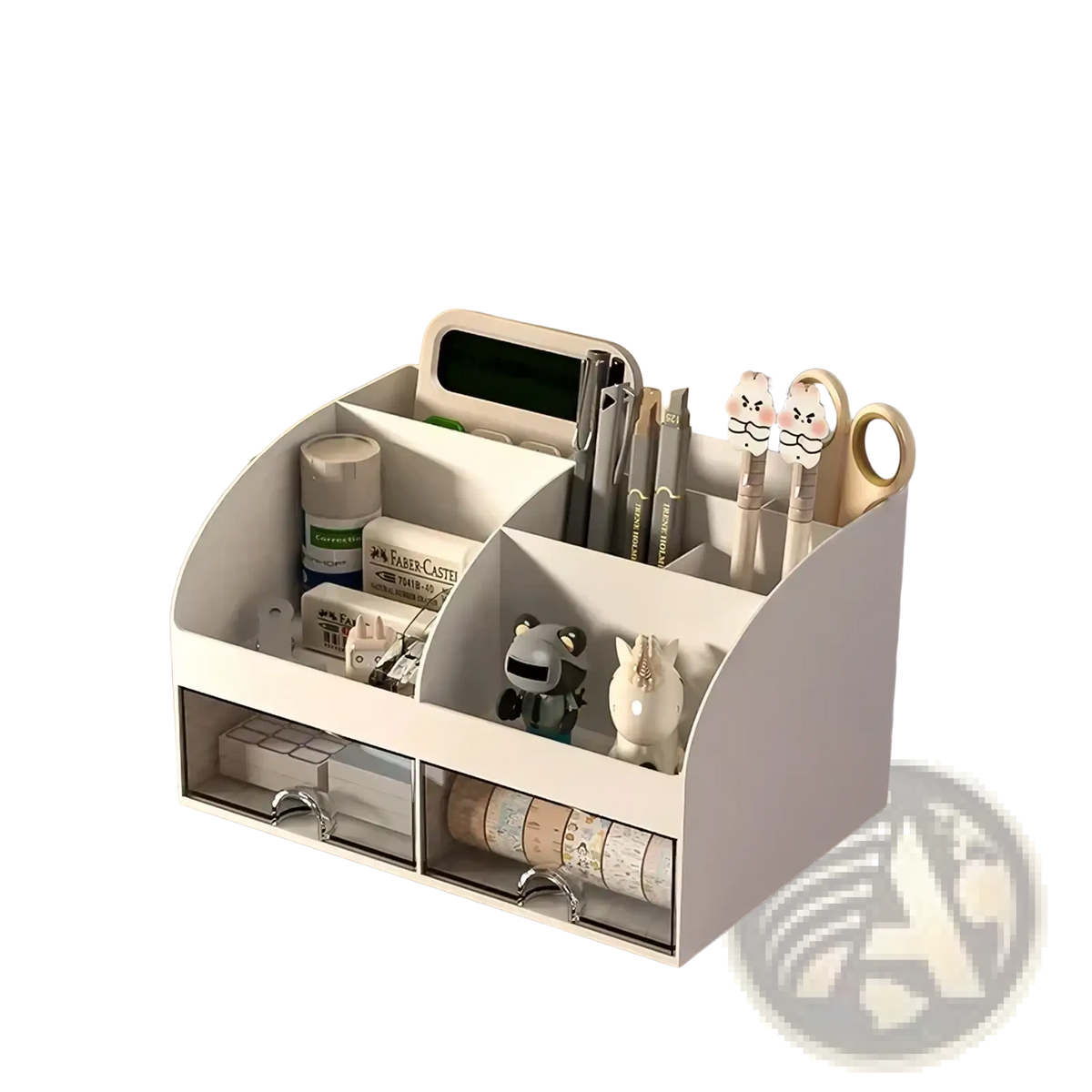 White plastic desk organizer with multiple compartments and two clear drawers for efficient storage
