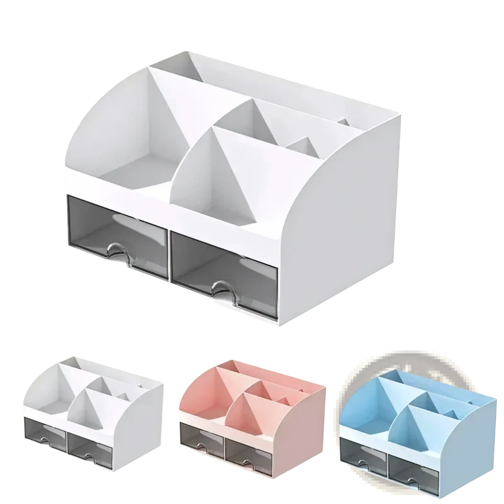 White plastic desk organizer with multiple compartments and two clear drawers for office or home use
