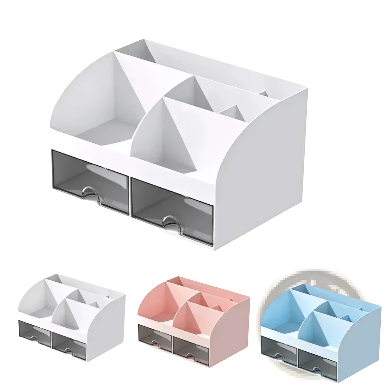 White plastic desk organizer with multiple compartments and two clear drawers for office or home use