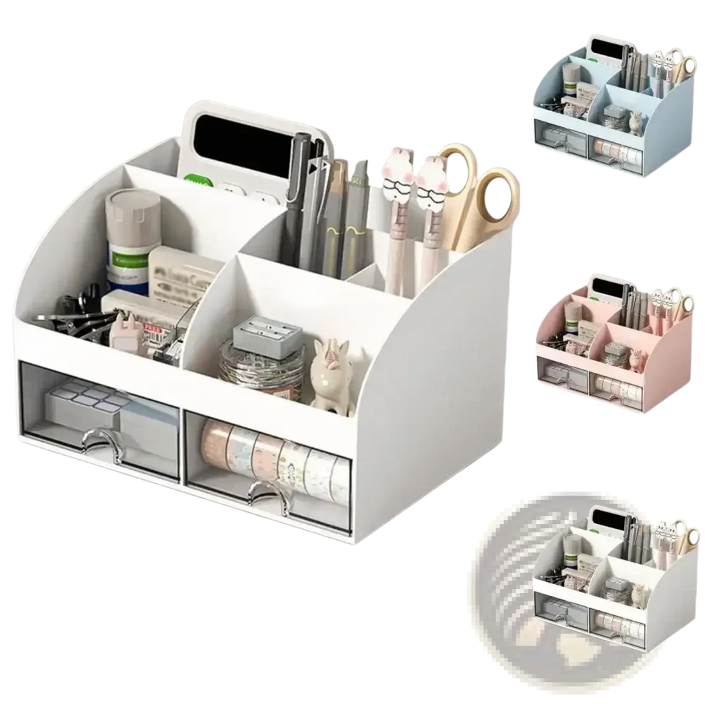 White plastic desk organizer with multiple compartments and clear drawers for efficient workspace storage